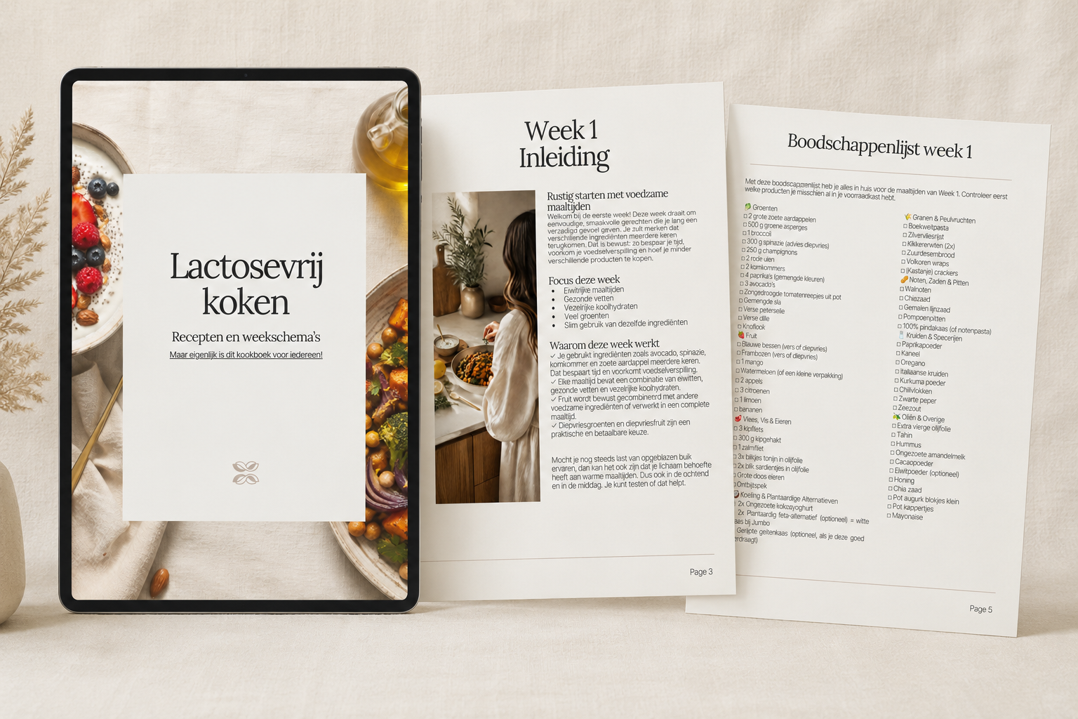 Het lactosevrije weekmenu op tablet met de weekintroductie en boodschappenlijst