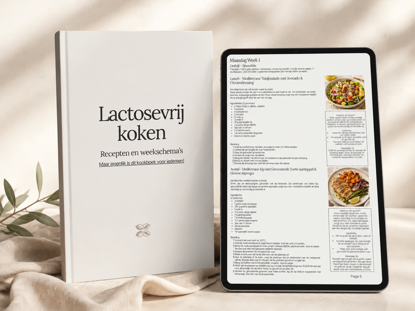Het boek Lactosevrij koken naast een tablet met een dagmenu uit het weekmenu